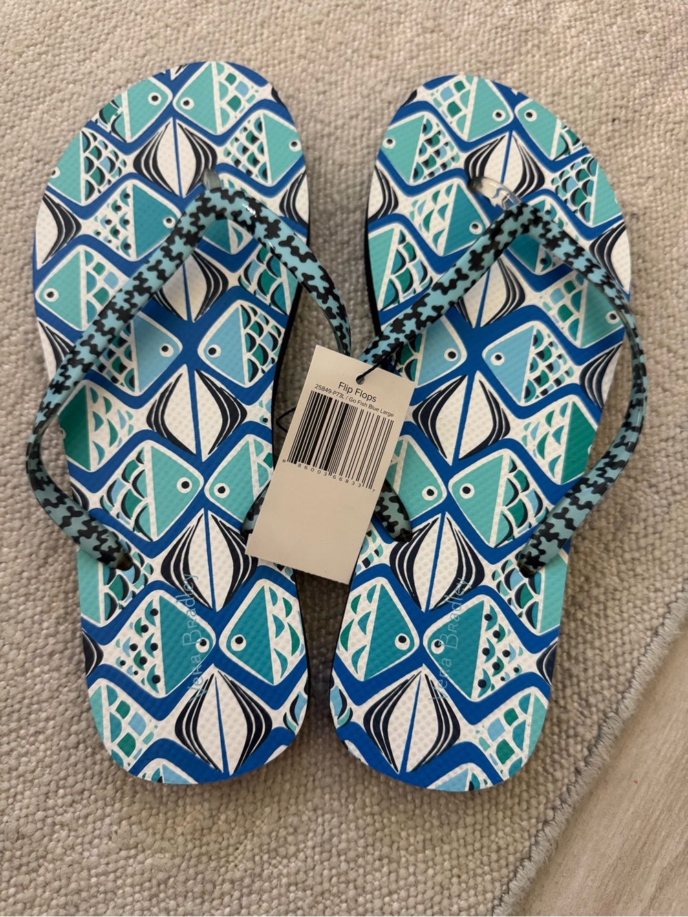 NWT Vera Bradley Blue Teal Go Fish Patterned Flip Flops - Large 9/10